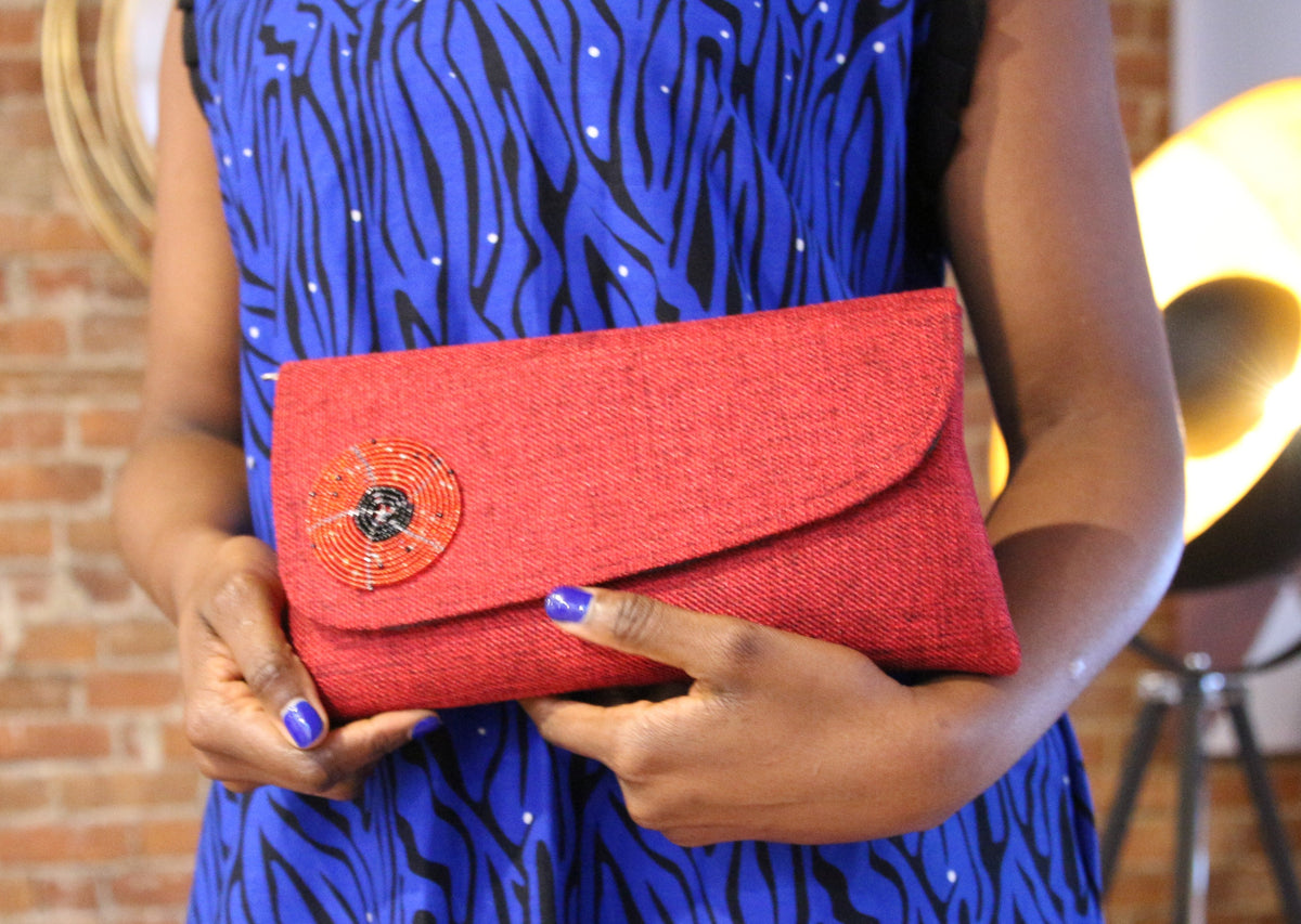 Pochette Clutch Africaine Ankara/Dashiki - Imprimé Artisanal - Orange - Taille Medium - Neuf Sans étiquettes