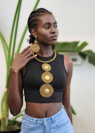 African Handmade Beaded Necklace (gold, 3 disks)