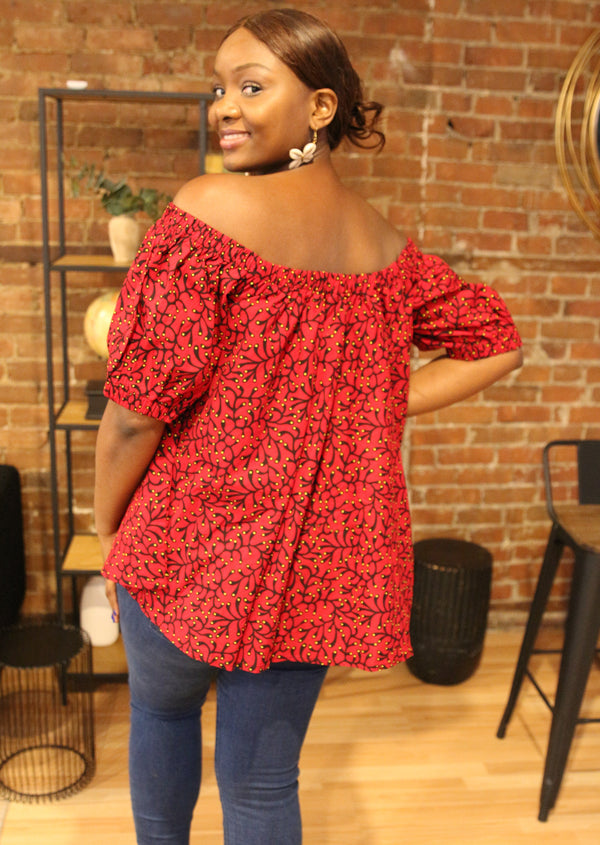 Tania red African print off-shoulder top