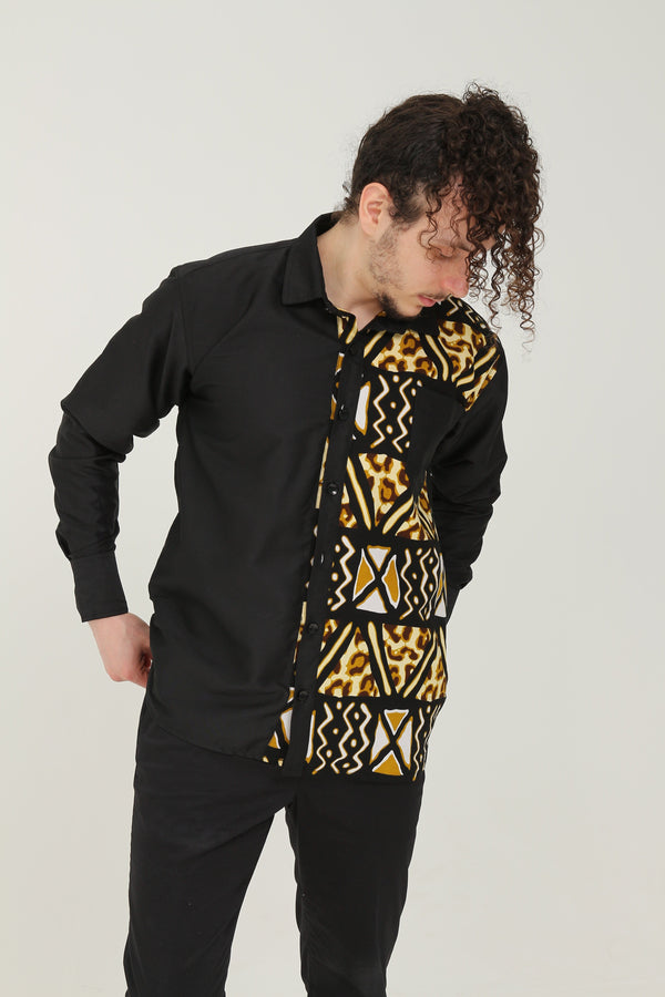 Koffi Men's African print button up long sleeve shirt (black and printed fabric)