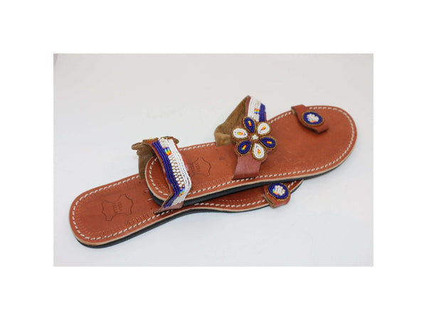 Toe ring african leather beaded sandals flat
