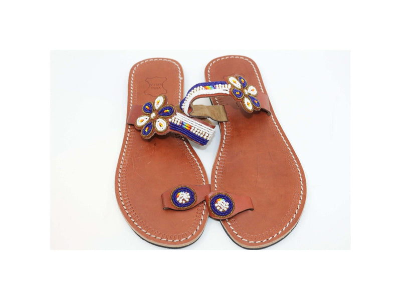 Toe ring african leather beaded sandals flat